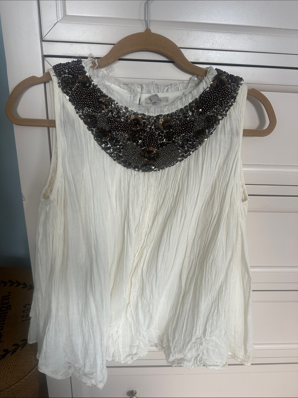 Like new Ecote (Anthropologie)Cream Sleeveless Camisole with Black Beaded Collar